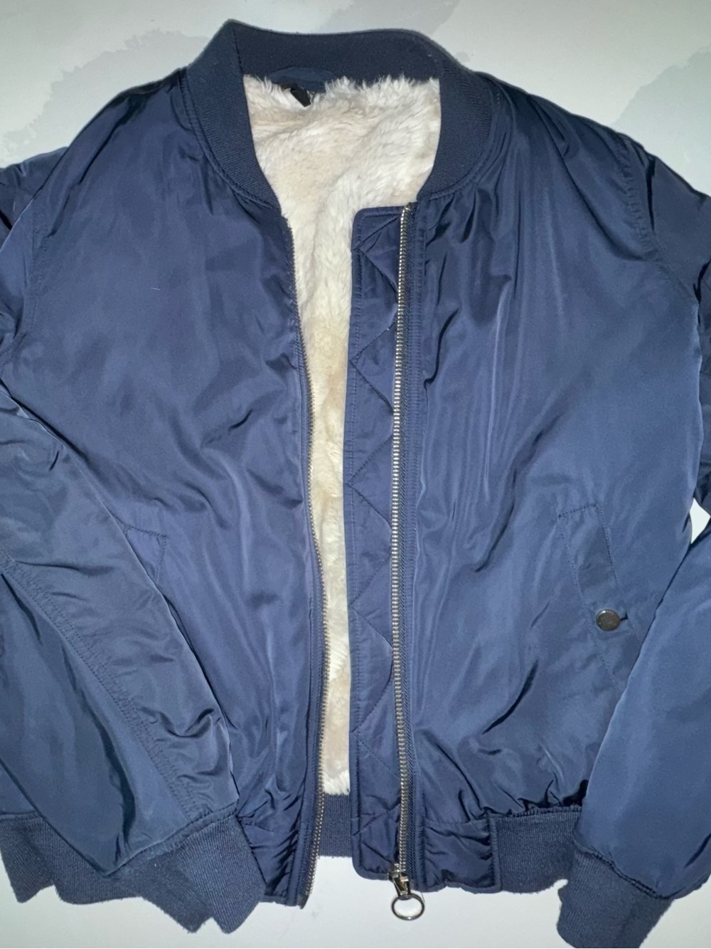Topshop Navy Bomber Jacket with Cream Fleece Lining